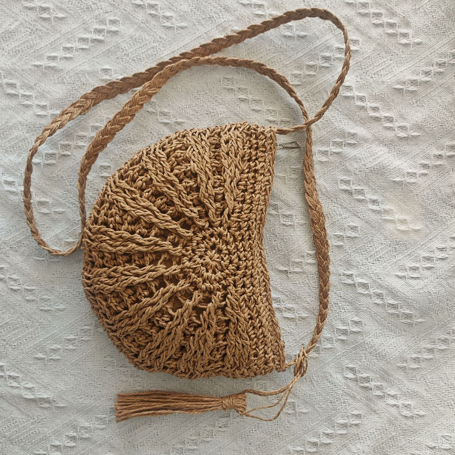 Bohemian Crochet Half-Moon Crossbody Bag - Vintage Woven Mesh Straw & Yarn Beach Purse with Tassels
