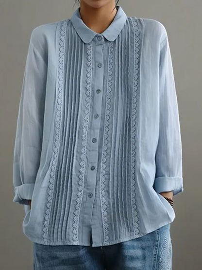 Vintage Pleated Lace Trim Cotton Linen Long Sleeve Blouse
