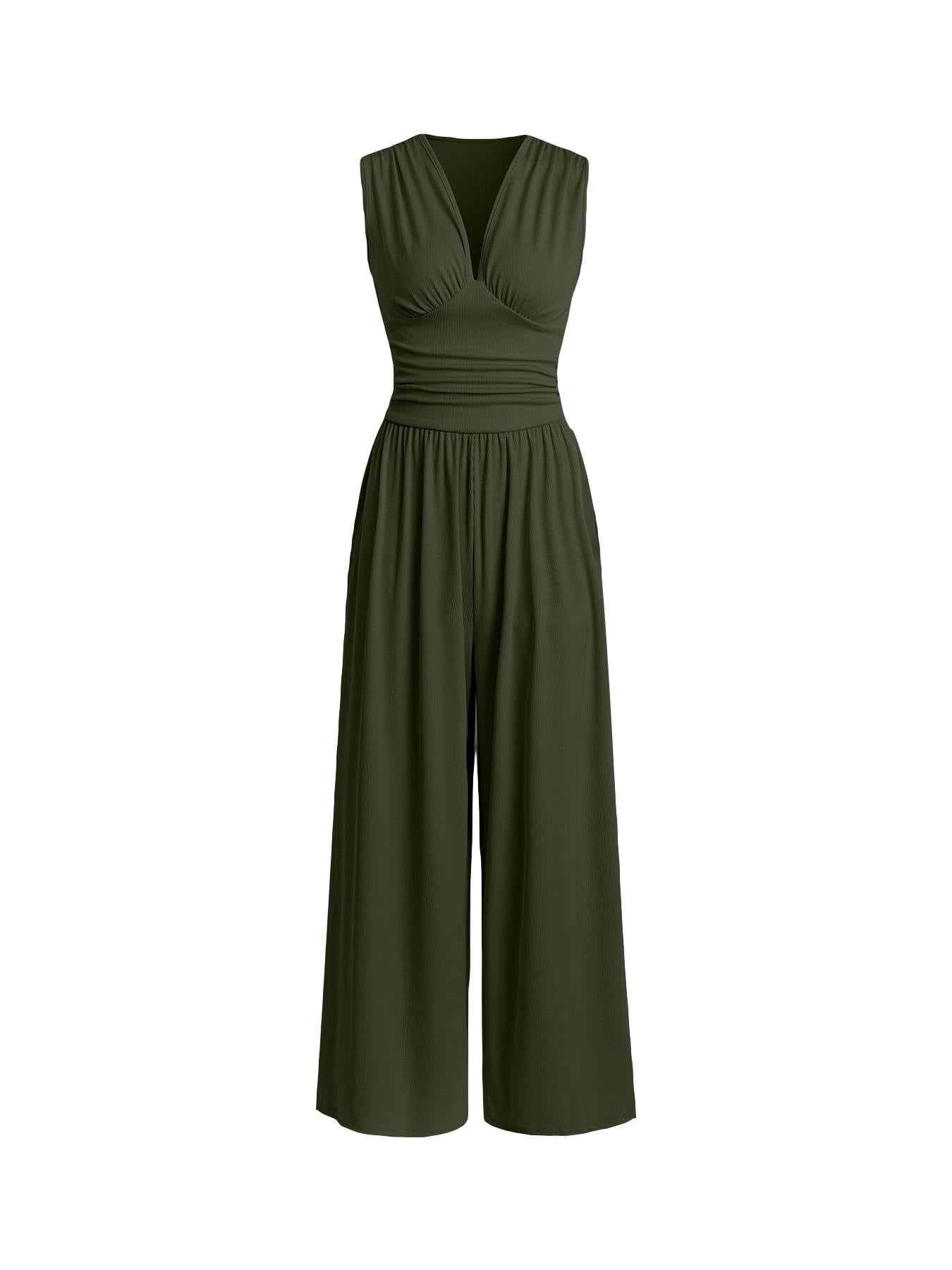 Chic Plunging V-Neck Sleeveless Jumpsuit - Elegant Ruched Waist Ribbed Knit Wide-Leg Romper for Women