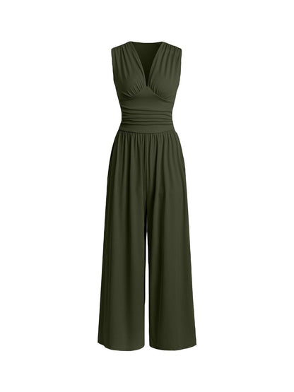 Chic Plunging V-Neck Sleeveless Jumpsuit - Elegant Ruched Waist Ribbed Knit Wide-Leg Romper for Women