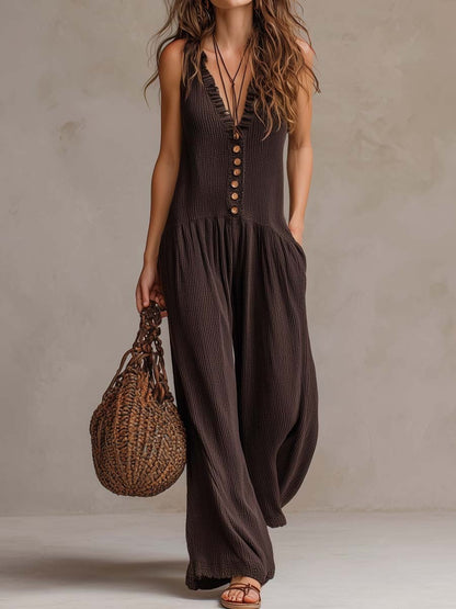 Sleeveless Button-Down Harem Jumpsuit | Earthy Brown Textured Summer One-Piece