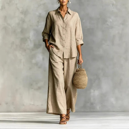 Women's Linen-Look 2-Piece Lounge Set | Casual Long Sleeve Button Shirt & Wide Leg Pants Suit