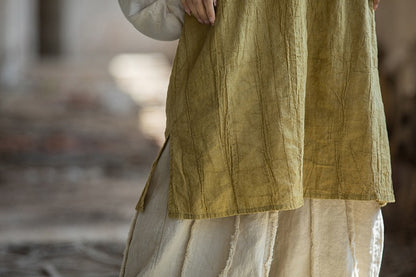 Robe longue sans manches style néo-chinois | Robe boutonnée col mandarin 70% lin avec fentes