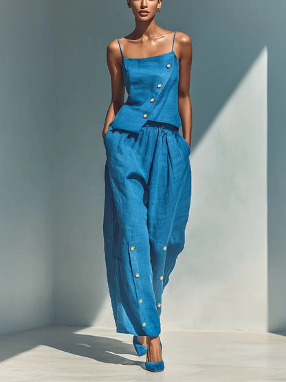 Chic Asymmetric Camisole & Button-Detailed Wide Leg Pants 2-Piece Linen Blend Lounge Set