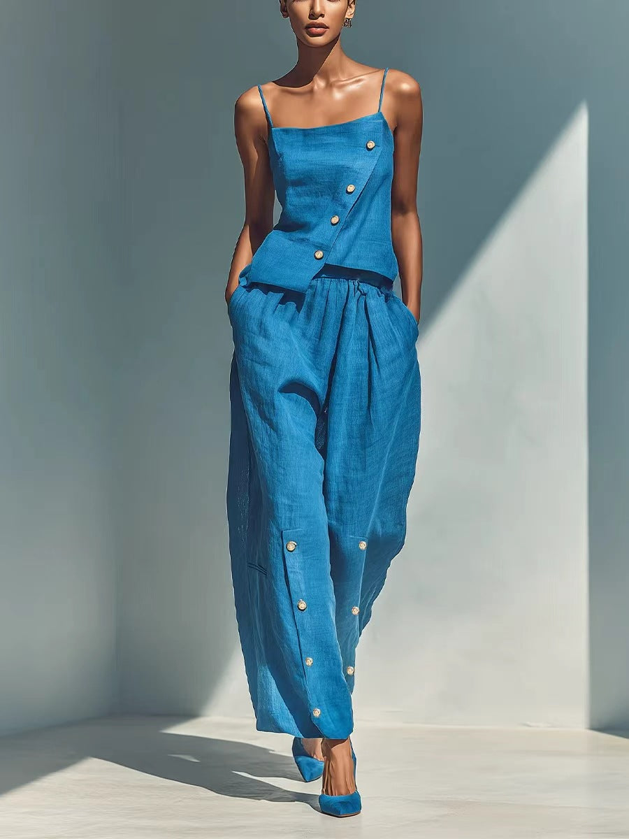 Chic Asymmetric Camisole & Button-Detailed Wide Leg Pants 2-Piece Linen Blend Lounge Set