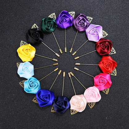 Handmade silk rose lapel pins with chain, men's wedding brooches pins, best man boutonnieres.