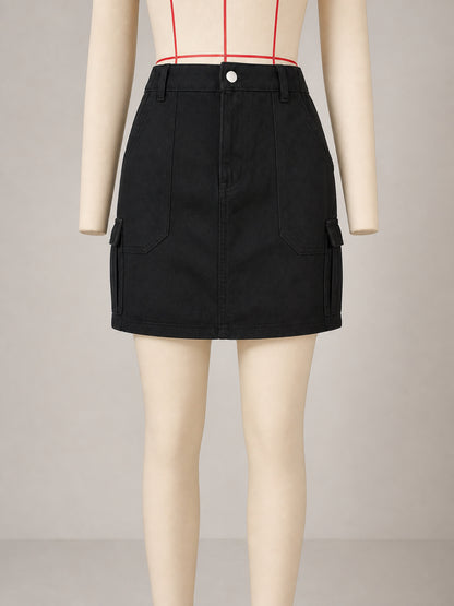 Women’s Washed Denim Cargo Mini Skirt Elastic Waist Utility Pocket Streetwear Short Skirt