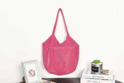 Bohemian Crochet Hollow-Out Straw Beach Tote Bag - Vintage Woven Mesh Shoulder Purse with Inner Pouch