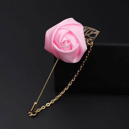 Handmade silk rose lapel pins with chain, men's wedding brooches pins, best man boutonnieres.