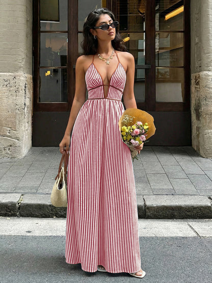Beach Vacation Dress Color block Striped Print Cut Out Maxi Dress