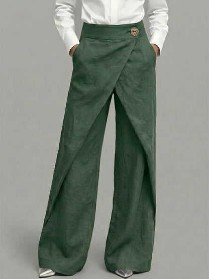 High-Waisted Overlap Palazzo Pants | Breathable Linen-Cotton Wide-Leg Trousers with Button Detail