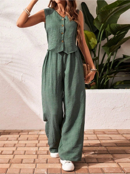 Ensemble deux pièces d'été PromiseGift | Gilet col V et pantalon palazzo taille haute vert sauge