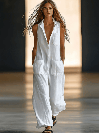 Casual Loose Retro White Breathable Linen Sleeveless Wide Leg Pants Jumpsuit