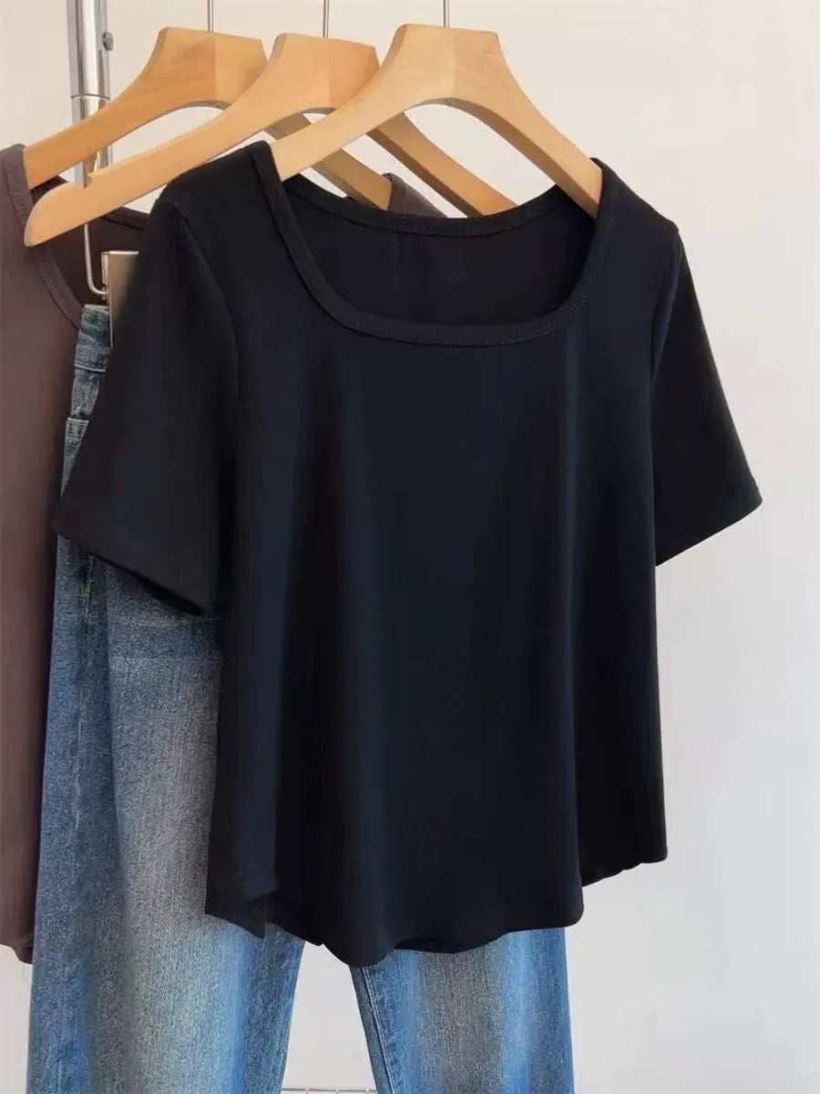 Casual Square Neck 100% Cotton T-Shirt - Relaxed Fit Slimming Short Sleeve Top Plus Size