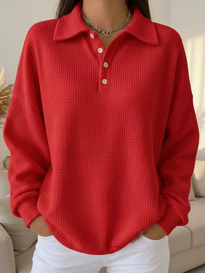 Chic Solid Color Waffle Sweater for Women - Oversized Button Front Casual Jumper