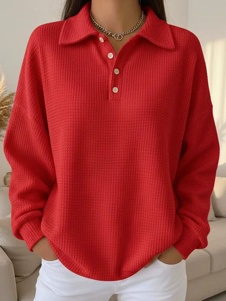 Chic Solid Color Waffle Sweater for Women - Oversized Button Front Casual Jumper