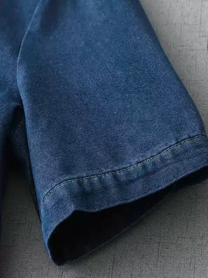Vintage Washed Denim Shift Dress for Women - Soft Half Sleeve Tunic Dress with Pockets