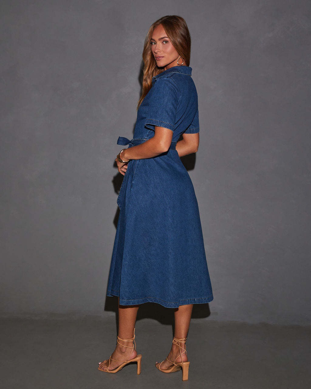 Vintage French Style Denim Midi Dress for Women - Elegant Tie Waist Jean Dress with Pockets