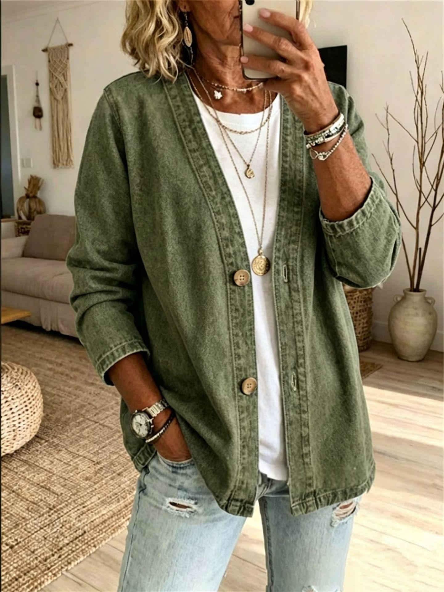 Women's Loose Casual V-Neck Denim Cardigan Jacket | Plus Size Long Sleeve Washed Blue Jean Coat Outwear