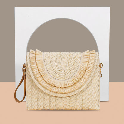 Bohemian Straw Envelope Clutch Bag - Vintage Woven Crossbody Purse with Tassels & Pom Poms for Women