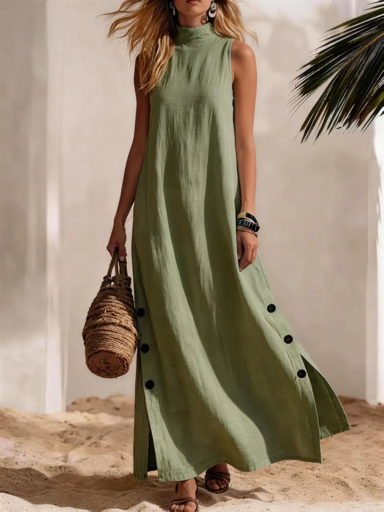Sleeveless Mock Neck Summer Maxi | Breathable White Linen-Blend Dress with Side Slit