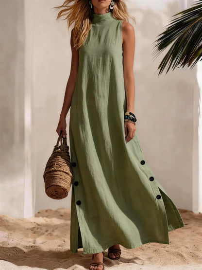 Sleeveless Mock Neck Summer Maxi | Breathable White Linen-Blend Dress with Side Slit