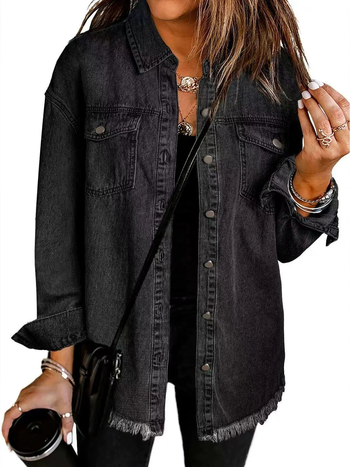 Vintage Oversized Frayed Denim Shirt for Women - Streetwear Button Down Jacket