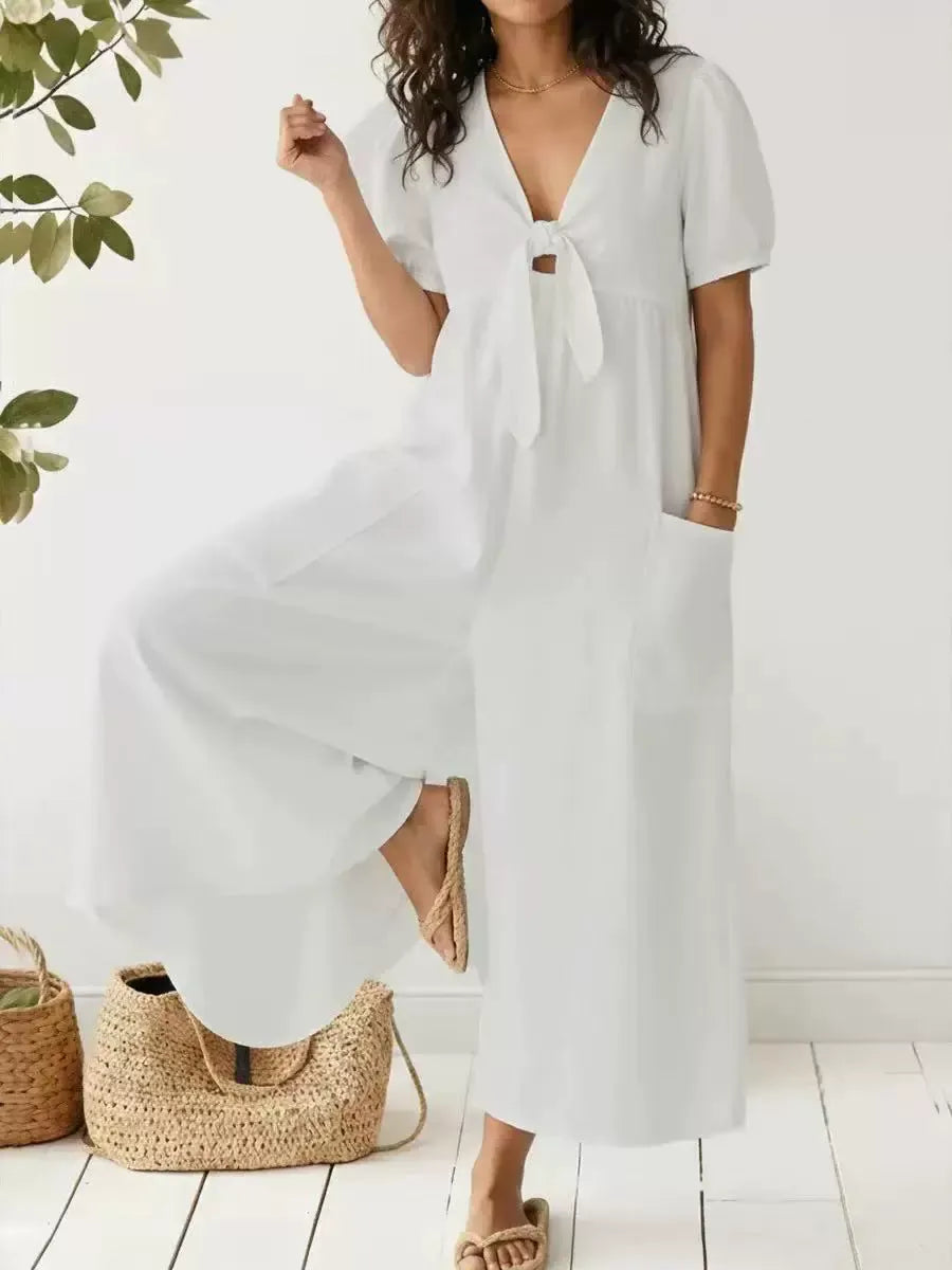 Women's Short Sleeve Denim Jumpsuit | Casual Deep V-Neck Tie Front Wide Leg Romper