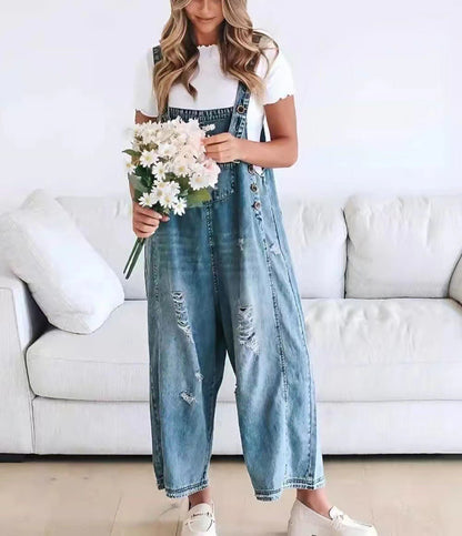 Vintage Washed Denim Bib Overalls for Women - Flattering Relaxed Fit Harem One-Piece