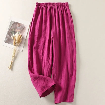 High-Waisted Smocked Elastic Waist Pants | Breathable Linen-Blend Lantern Trousers