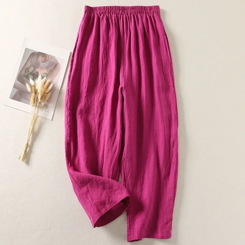 High-Waisted Smocked Elastic Waist Pants | Breathable Linen-Blend Lantern Trousers