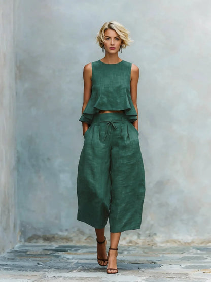 Ensemble en mélange de lin sculpté 2 pièces pour l'été | Haut sans manches à volants et jupe-culotte taille haute à jambes larges
