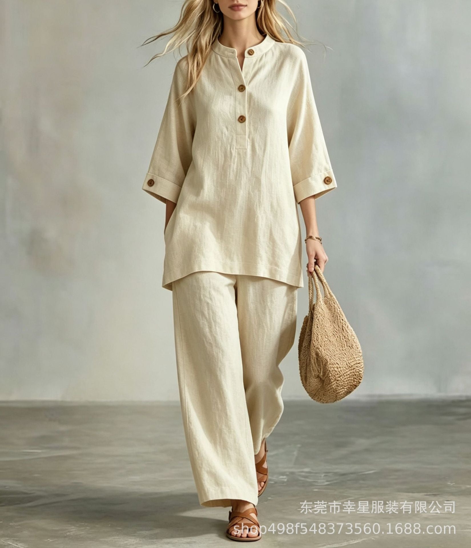 Women's Linen Look 2-Piece Lounge Set | Casual Half Sleeve Button Top & Wide Leg Pants Suit