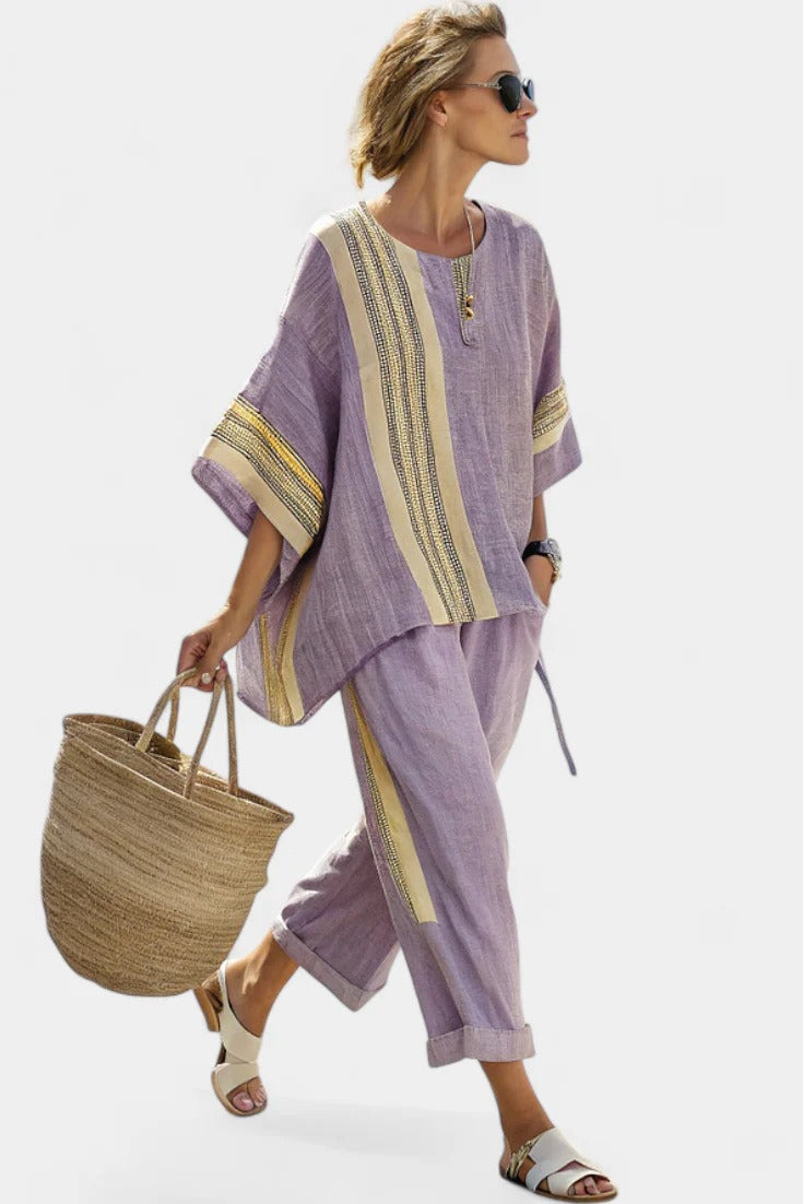 Bohemian Purple Summer Matching Set for Women – Chic Oversized Tunic & Rolled-up Trousers, Breezy Beach Holiday 2 Piece Outfit