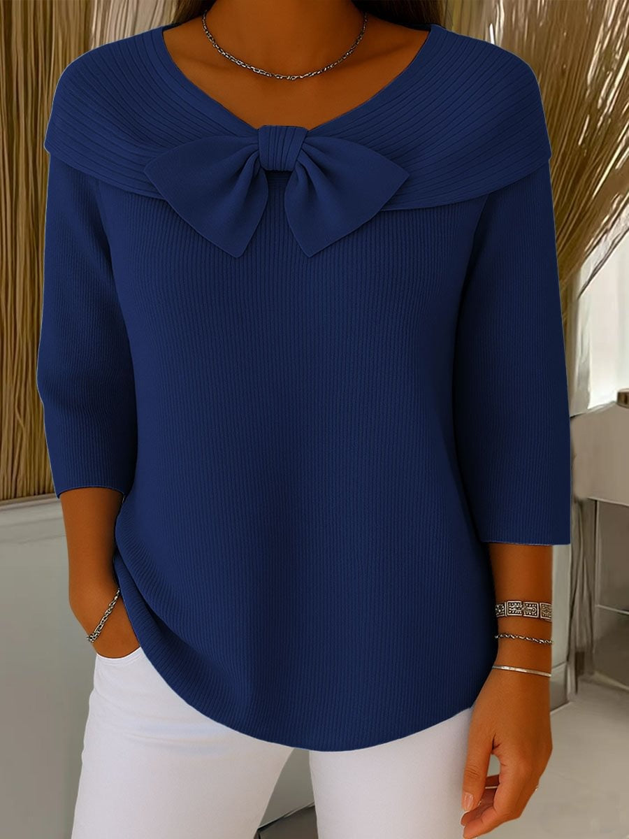 Women's Large Bow Off-the-Shoulder Knit Sweater | Casual Long Sleeve Ribbed Jumper Top