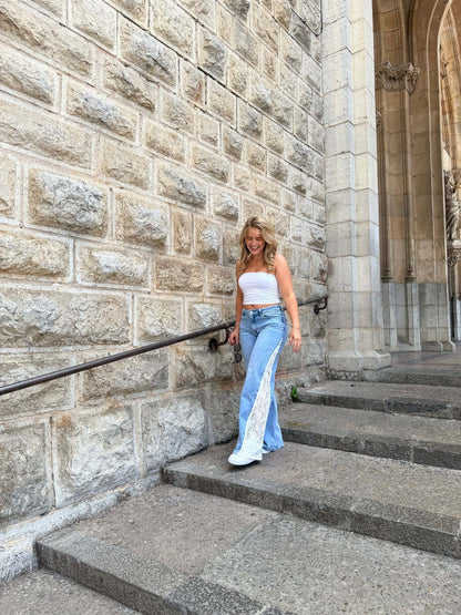Lace-Inlaid High-Waist Flare Jeans