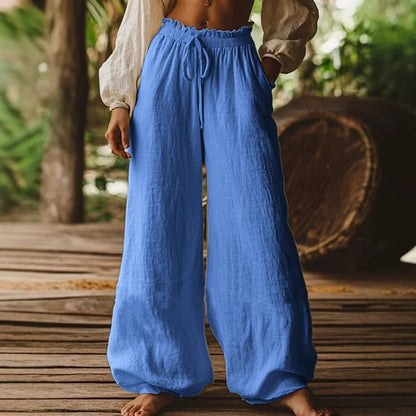 Women's Casual Wide Leg Linen Pants - High Waist Smocked Drawstring Trousers
