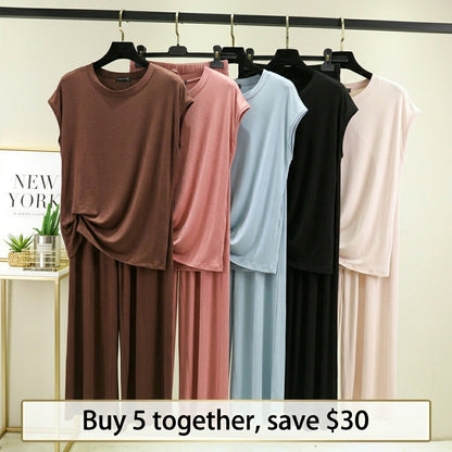 Women's Modal 2-Piece Lounge Set - Cap Sleeve Tee & Wide Leg Pants Pajama Set