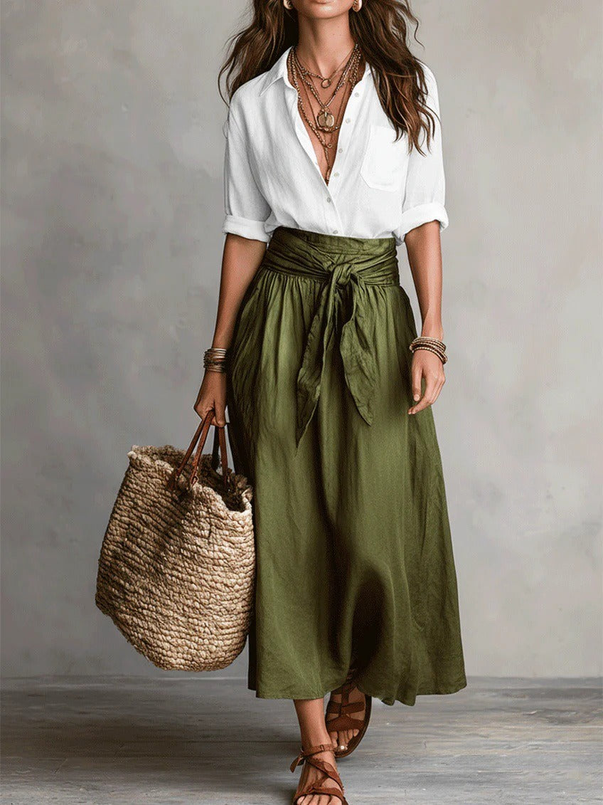 Elegant Colorblock 2-Piece Resort Set - Button-Down Shirt & High-Waist Tie-Wrap Maxi Skirt Set