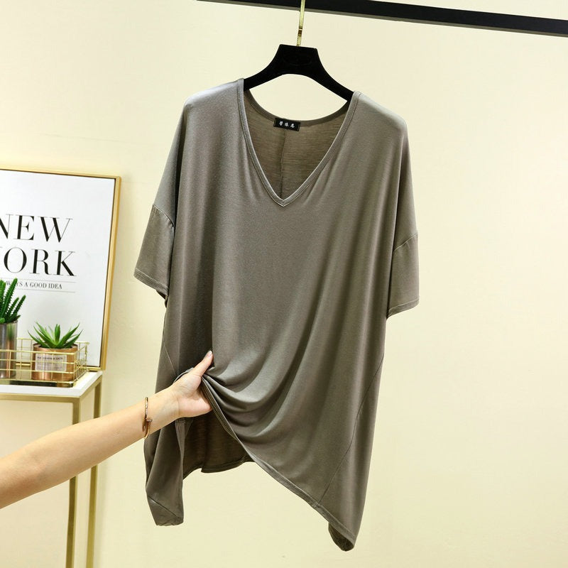 T-shirt ample en modal pour femme - Tunique décontractée à col en V profond