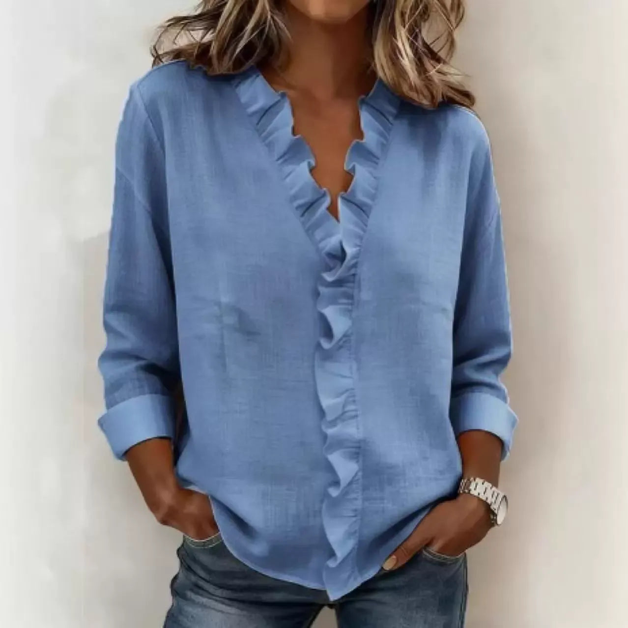 Cascading Ruffle Front Long Sleeve Shirt | Breathable Slub Cotton-Linen Blouse