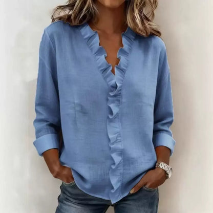 Cascading Ruffle Front Long Sleeve Shirt | Breathable Slub Cotton-Linen Blouse
