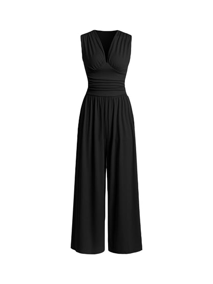 Chic Plunging V-Neck Sleeveless Jumpsuit - Elegant Ruched Waist Ribbed Knit Wide-Leg Romper for Women
