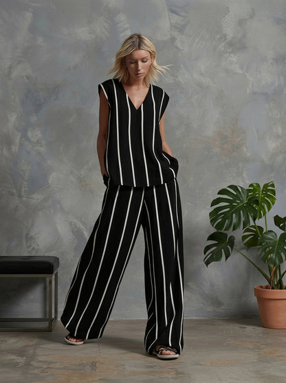 Women's Vertical Striped Linen 2-Piece Set | Casual V-Neck Sleeveless Top & Wide Leg Pants Suit