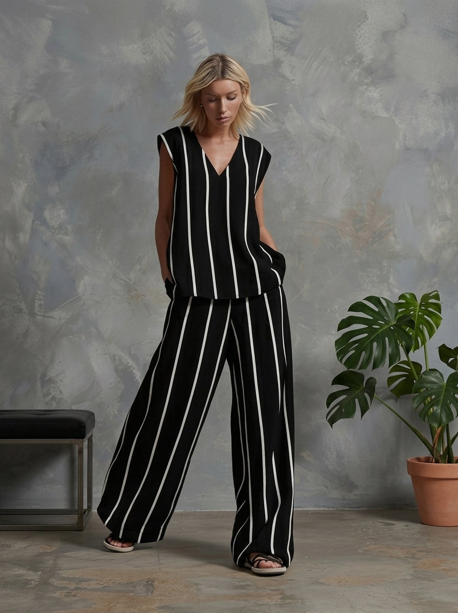 Women's Vertical Striped Linen 2-Piece Set | Casual V-Neck Sleeveless Top & Wide Leg Pants Suit