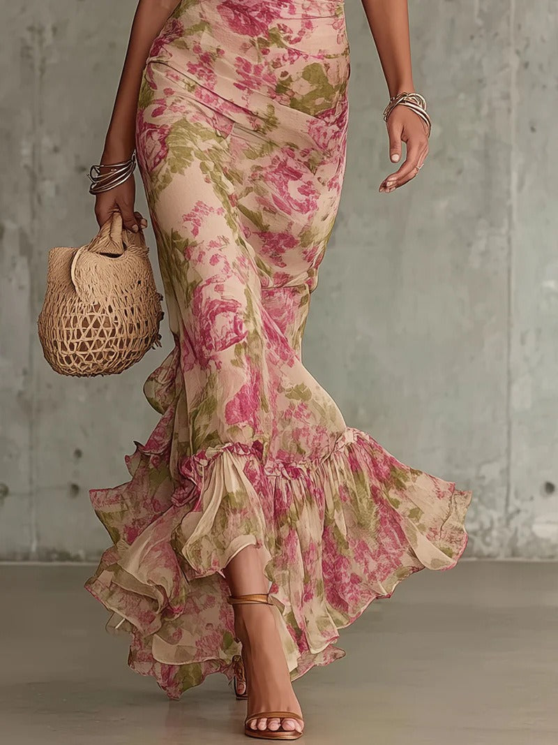 Robe longue en mousseline florale pour femme - Robe sirène à col montant et manches bouffantes