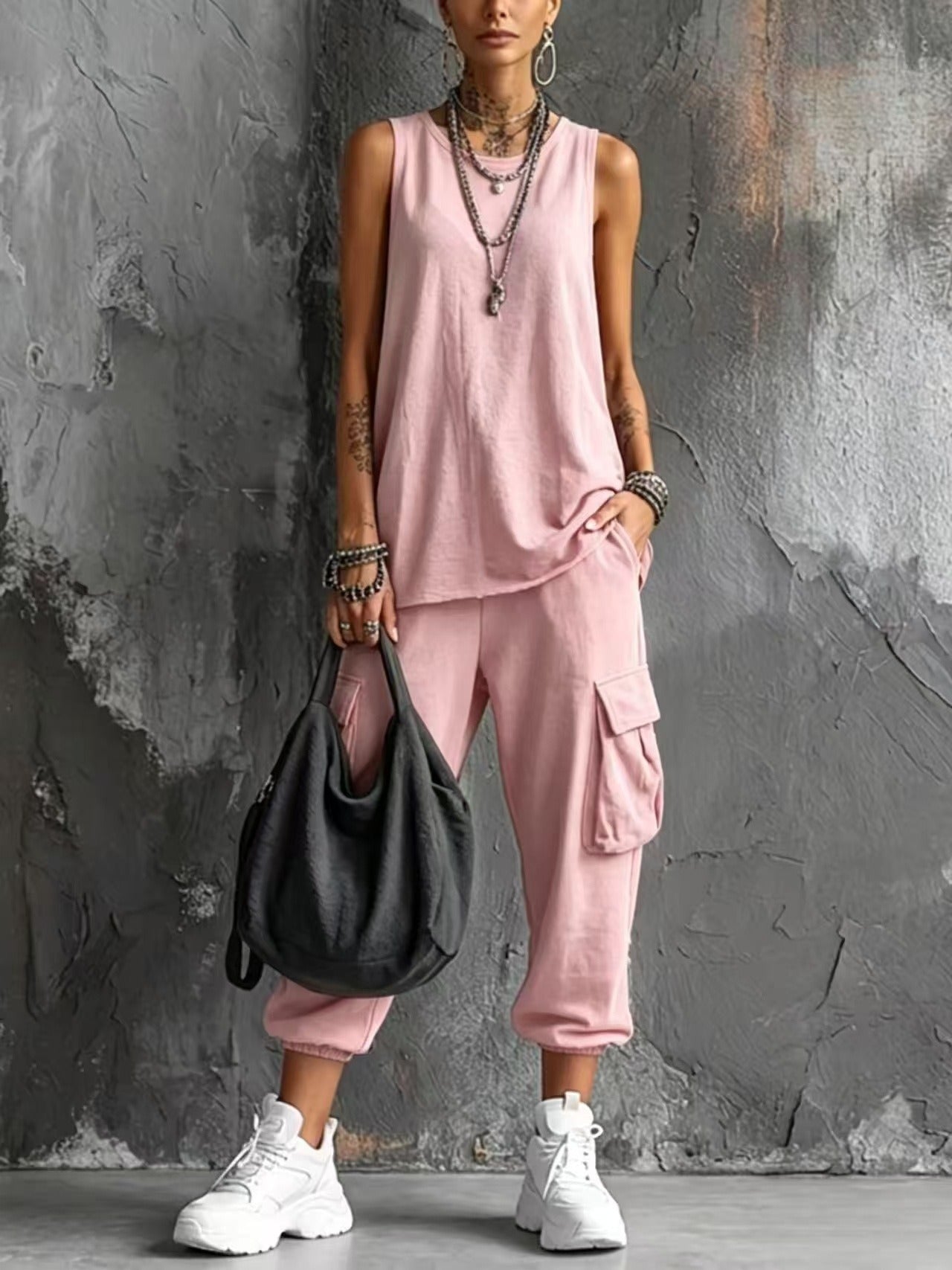 Women's Casual 2-Piece Lounge Set | Sleeveless Knit Tank Top & Cargo Capri Pants Suit