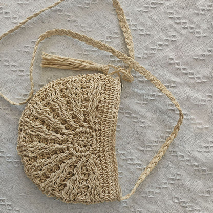 Bohemian Crochet Half-Moon Crossbody Bag - Vintage Woven Mesh Straw & Yarn Beach Purse with Tassels