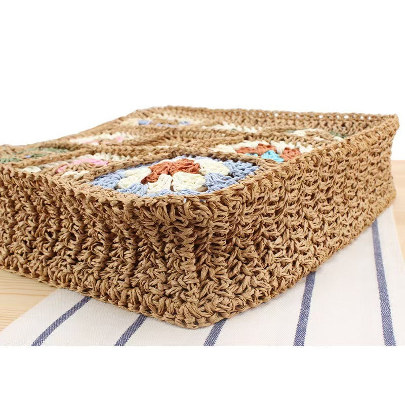 Bohemian Granny Square Crochet Tote Bag - Handmade Recycled Paper Straw Shoulder Purse & Crossbody Bag