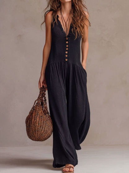 Sleeveless Button-Down Harem Jumpsuit | Earthy Brown Textured Summer One-Piece